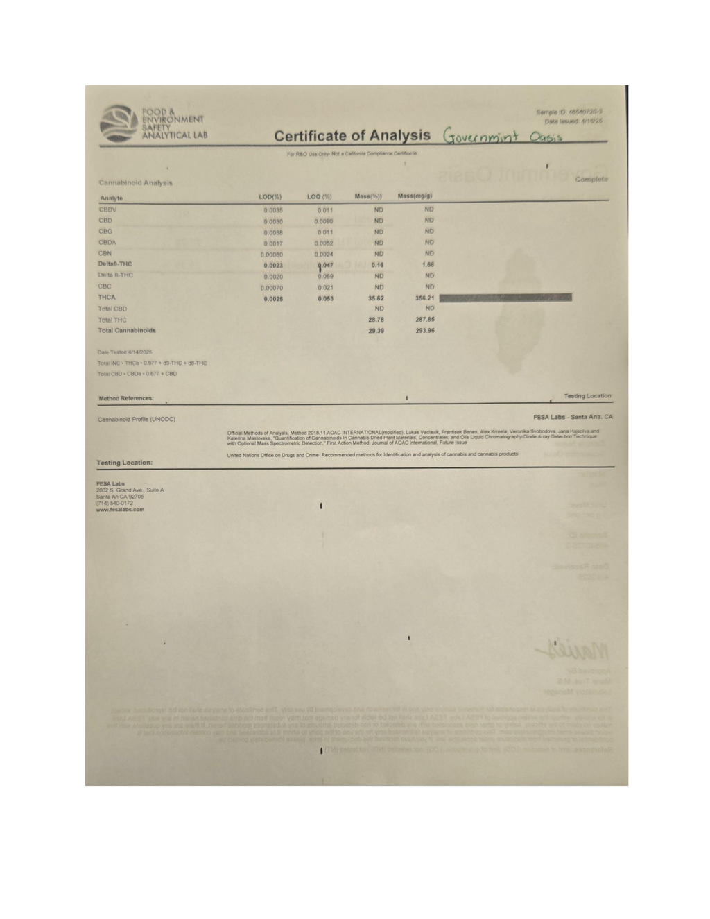 Certificate of Analysis