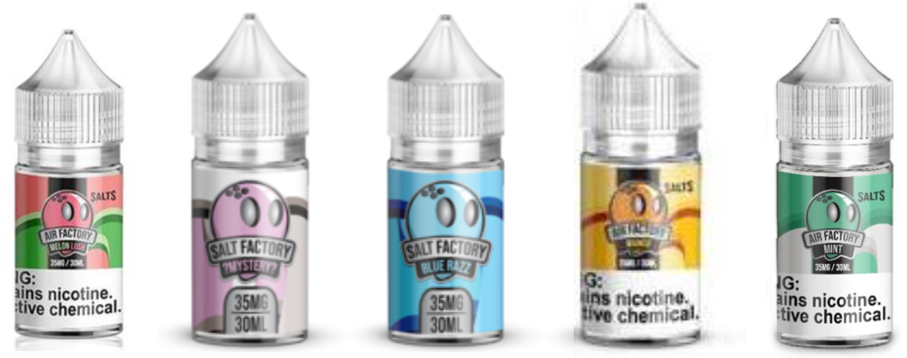 air factory, salt nicotine, mint, mango, melon lush